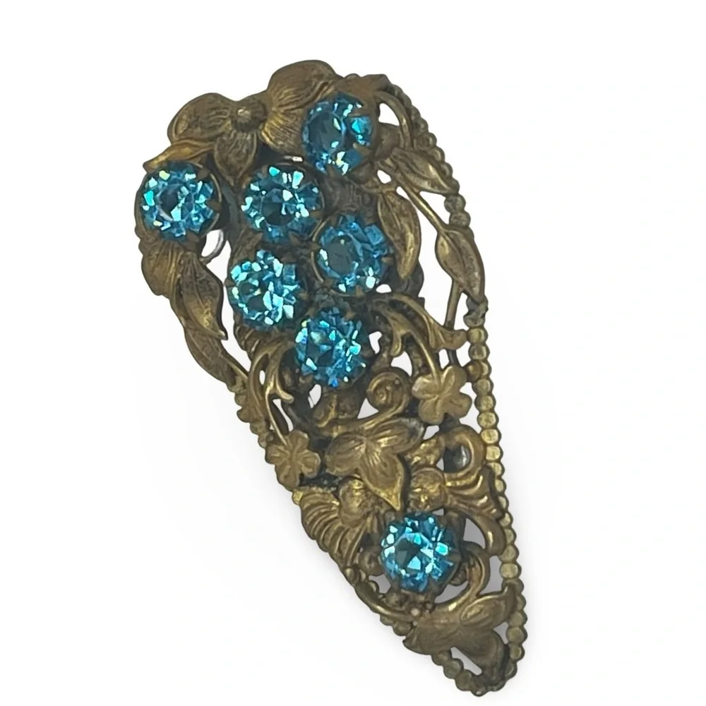 Antique Brass Blue Floral Dress Clip